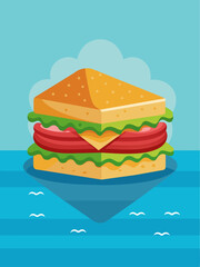 A sandwich sits on a plate with water in the background.
