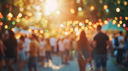 This image captures a bustling street scene with a blurred crowd of people amidst colorful bokeh lights, evoking a sense of movement and festivity