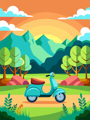 A scooter glides effortlessly through a picturesque landscape with vibrant colors and intricate details.