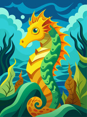 A majestic seahorse glides effortlessly through a tranquil underwater world, surrounded by vibrant corals and shimmering sunlight.