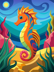 Fototapeta na wymiar A sea horse swims gracefully against a vibrant underwater backdrop.