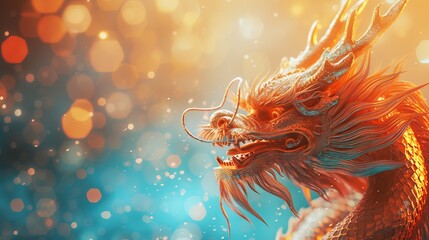 Vivid illustration of a mythical dragon roaring amidst a backdrop of fiery orange bokeh lights
