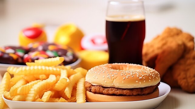 A cozy, warm-toned image showcasing a fast food spread with a cheeseburger and crinkle fries accompanied by soft drinks