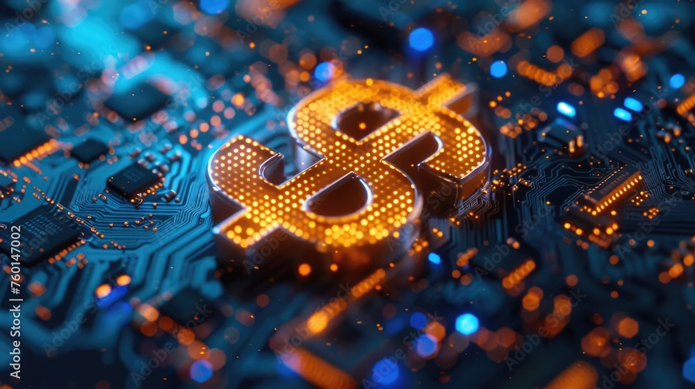 Poster a computer chip with a lit up dollar sign on it.