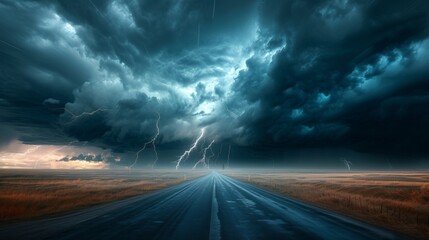The image captures a deserted road leading into the intense storm with lightning streaks over a dramatic prairie landscape