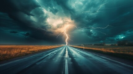 A captivating image capturing a moment where lightning fiercely strikes down over an empty road amidst a turbulent sky