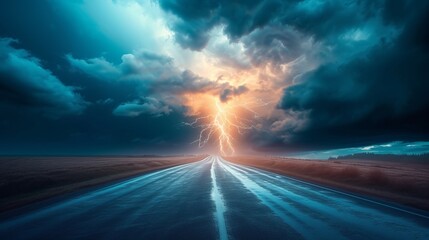 Spectacular view of a violent thunderstorm with a prominent lightning bolt striking down on a lone highway