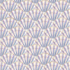 Watercolor sea shell seamless pattern. Hand drawn seashells texture vintage ocean background - 760147032