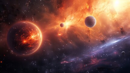 An awe-inspiring cosmic display featuring multiple planets engulfed in a vibrant nebula of orange...
