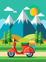 A scooter races along a scenic road with lush green hills and a cloudless blue sky.