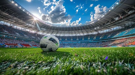 Soccer ball on a field in a sunlit stadium