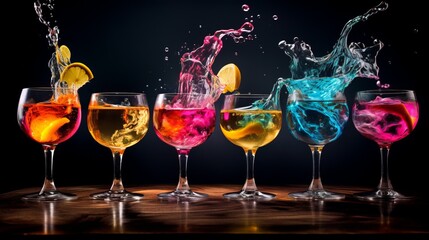 A display of five glasses with artistic colorful liquid splashes against a black backdrop