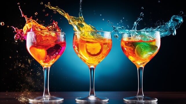 Bright image showcasing dynamic splashes of liquid from three cocktail glasses with vivid colors