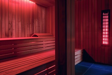 A sauna room with a bench and a window. Infrared sauna interior