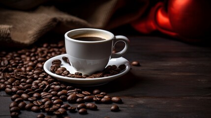White cup filled with rich coffee on a saucer encircled by countless coffee beans