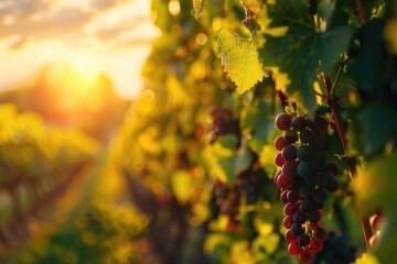 Grapevine in an organic vineyard illuminated by the warm rays of the sunset, tranquility and...