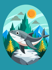 Shark swimming in the vast ocean with a beautiful landscape of the horizon and clouds above.
