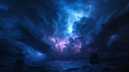 Captivating and ominous, this image illustrates a violent ocean storm with lightning bolts and ghostly ships braving the turbulent waters