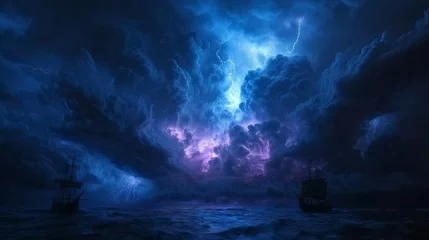 Foto op Canvas Captivating and ominous, this image illustrates a violent ocean storm with lightning bolts and ghostly ships braving the turbulent waters © Hailie