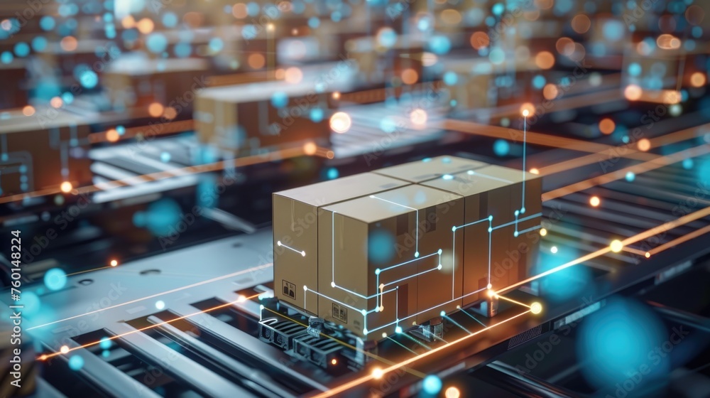 Poster in a vast warehouse space, a network of computer lines coordinates the logistics of delivery. boxes,