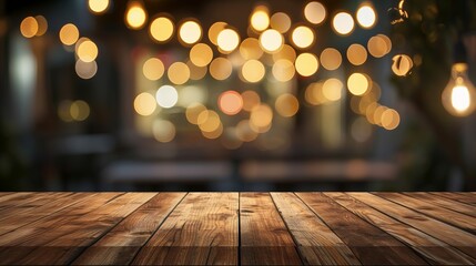 A wooden surface with warm, blurred bokeh lights offering a festive or celebratory mood - obrazy, fototapety, plakaty