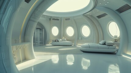 A modern, stylish bedroom design inside a sci-fi themed space with circular windows and sleek furniture