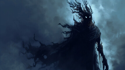 king of shadows, skeleton, skull, horror, evil, demon, zombie, ghost, art illustration, AI...