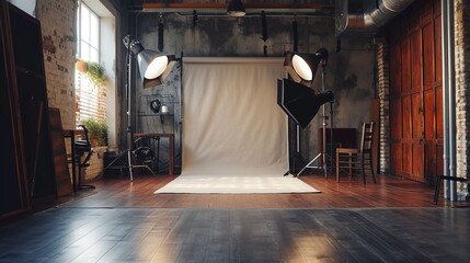 An empty professional photo studio with large windows, loft style in a vintage industrial building