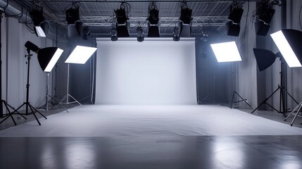 Spacious professional photo studio featuring a white cyclorama and high-end lighting equipment