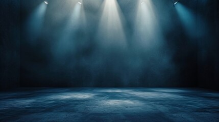 Mysterious blue spotlights illuminate the void of a dark, empty exhibition hall