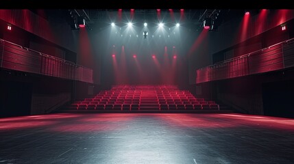 An image showcasing a modern theater with spotlighted stage and rows of red seats waiting for an audience - obrazy, fototapety, plakaty