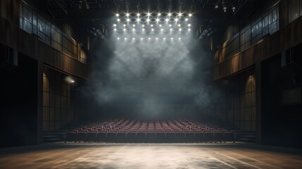 This photo captures an empty theater from the stage perspective with lit up seats and smoke effects