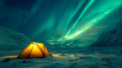 A glowing yellow camping tent under a beautiful green northern lights aurora. Travel adventure landscape background. Photo composite.
