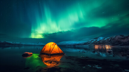 A glowing yellow camping tent under a beautiful green northern lights aurora. Travel adventure landscape background. Photo composite. - obrazy, fototapety, plakaty