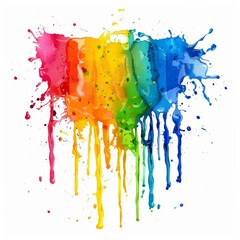 Dynamic rainbow paint drips on white, a vivid symphony of colors splashing with energetic vibrance.