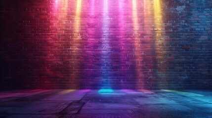 A dynamic display of rainbow colors brightens a brick wall, symbolizing diversity and celebration - obrazy, fototapety, plakaty