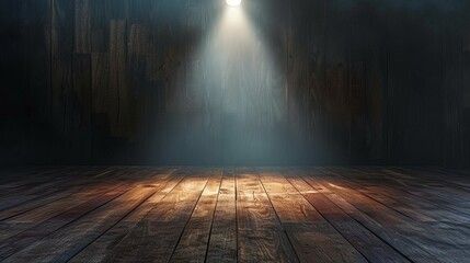 A spotlight shines down onto aged wooden floorboards, creating an atmospheric and moody setting