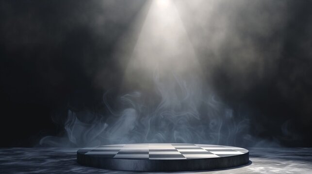 An abstract representation with a round chessboard in a spotlight simulating a strategic or mental challenge