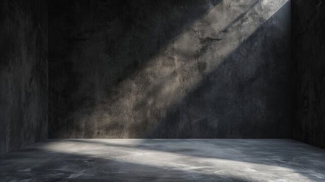 A corner of a dark room where a shaft of light creates an interplay of light and shadows on the walls