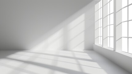 A serene empty room illuminated by natural light casting geometric shadows through window panes