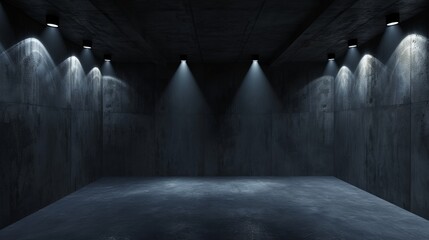 A dark, moody room with ceiling spotlights creating a wall washing effect with light arcs on the...