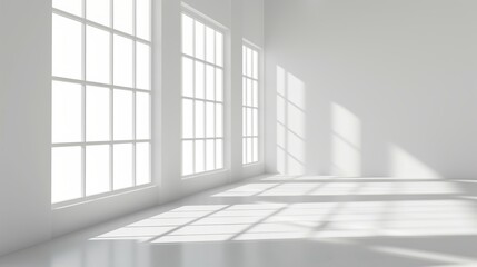 A bright, spacious room with large windows casting soft shadows on the white walls and floor for a serene setting