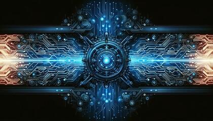 A blue banner of old technology and new using computer circuits and old machine cogs	 - obrazy, fototapety, plakaty