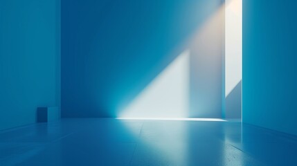 Minimalist design captured in a serene blue room with a striking beam of sunlight streaming through...