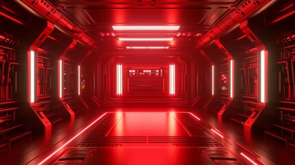 Intense red light fills a futuristic and high-tech corridor inside a concept sci-fi spaceship
