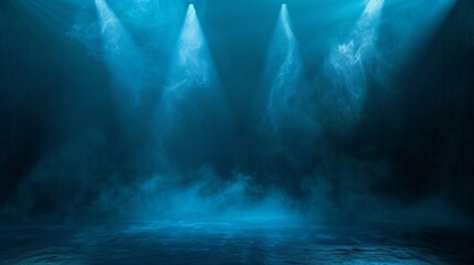 This image showcases intense beams of blue light in a dark void, creating an eerie and haunting...