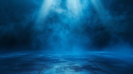 Striking rays of deep blue light fill the space, battling the encroaching darkness and smoke