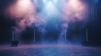 Fototapeta premium A vibrant image of a stage setup with brilliant blue lights and thick smoke, ready for a live performance or event