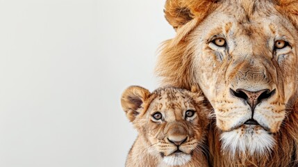 Male lion and cub portrait with empty area for text, object placed on the right side