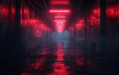 Surreal Photography of a hallway lined with 3D neon lights, dimly lit, fog